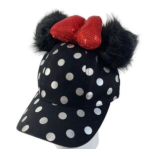Disney Minnie Mouse Polka Dot Pom Pom Black Baseball Cap with red bow